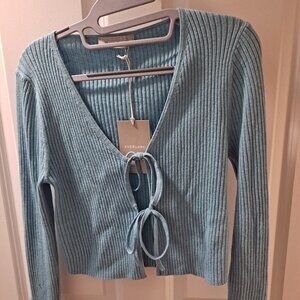 NWT Front-tie turquoise cotton-merino wool top